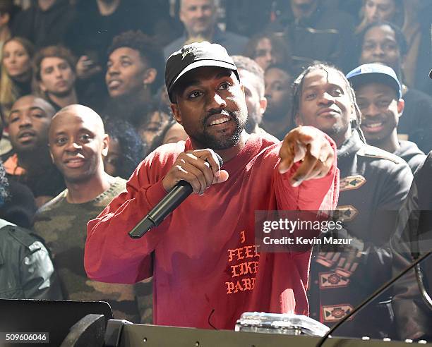 Kanye West attends Kanye West Yeezy Season 3 at Madison Square Garden on February 11, 2016 in New York City.