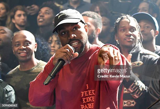 Kanye West attends Kanye West Yeezy Season 3 at Madison Square Garden on February 11, 2016 in New York City.