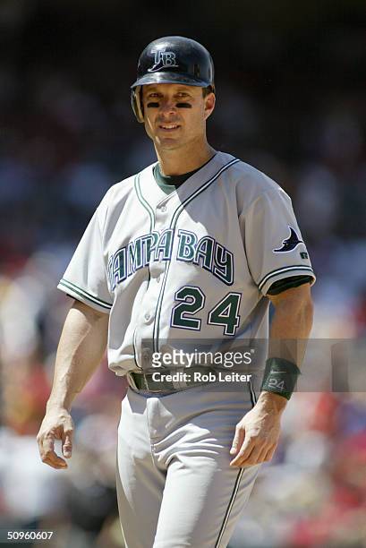Infielder Tino Martinez of the Tampa Bay Devil Rays walks on the field during the game against the Anaheim Angels at Angel Stadium of Anaheim on May...