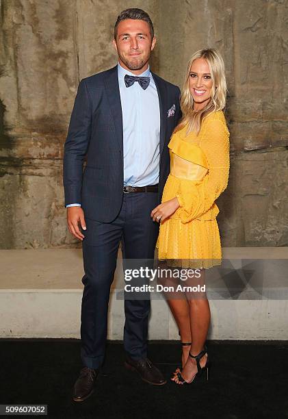 Sam Burgess and Phoebe Hooke arrive ahead of the Myer AW16 Fashion Launch at Barangaroo Reserve on February 11, 2016 in Sydney, Australia.