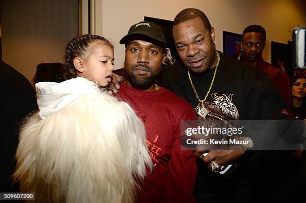 North West, Kanye West and Busta Rhymes attend Kanye West Yeezy Season 3 at Madison Square Garden on February 11, 2016 in New York City.