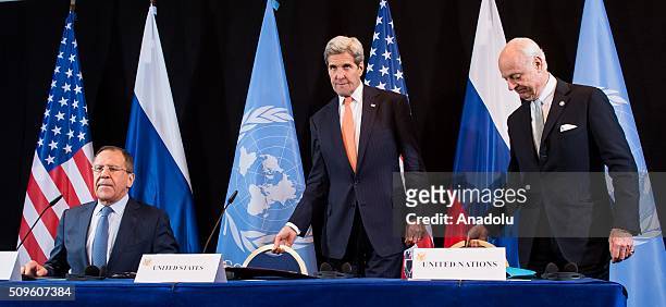 Secretary of State John Kerry , Russian Foreign Minister Sergey Lavrov , and UN Special Envoy for Syria Staffan de Mistura , attend a news conference...