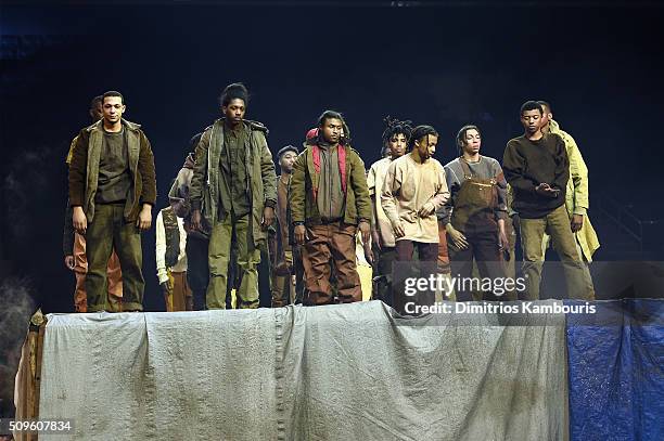 Models pose during Kanye West Yeezy Season 3 on February 11, 2016 in New York City.