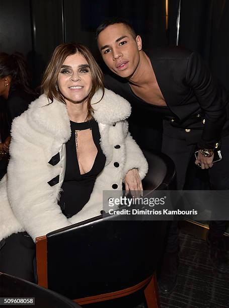 Former editor-in-chief of Vogue Paris, Carine Roitfeld and fashion designer Olivier Rousteing attend Kanye West Yeezy Season 3 on February 11, 2016...