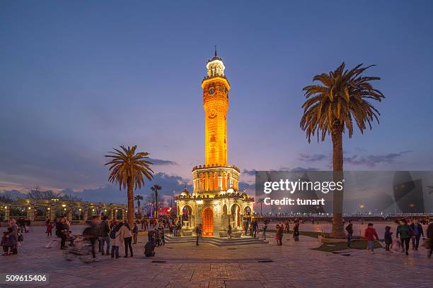 clock tower, konak square, izmir, turkey - izmir stockfoto's en -beelden