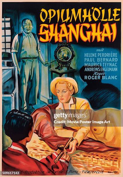 German poster for Roger Blanc's 1950 crime film 'Opiumhölle Shanghai' starring Hélène Perdrière.