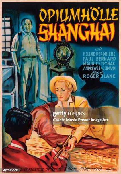 German poster for Roger Blanc's 1950 crime film 'Opiumhölle Shanghai' starring Hélène Perdrière.