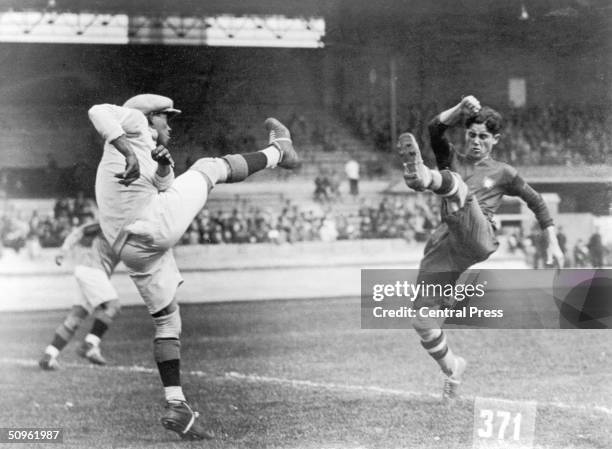 The Chilean goalkeeper fails to prevent Portugal from winning at the Amsterdam Olympics, 29th May 1928.