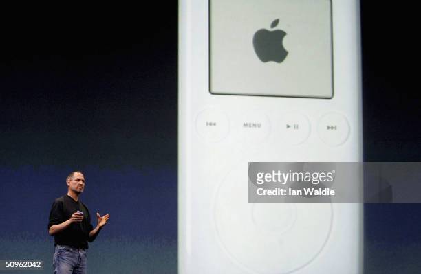 Steve Jobs, Chief Executive Officer of Apple computers, stands by a projection of an iPod as he launches iTunes Music Store in the territories of...