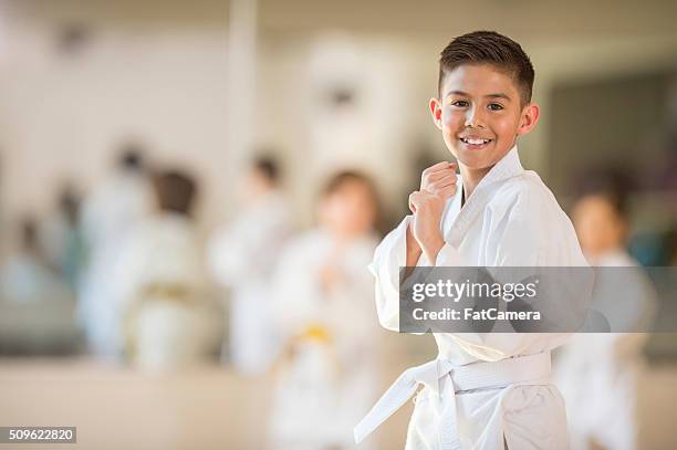 little boy taking karate - kung fu pose stock pictures, royalty-free photos & images