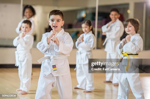 children taking a jujitsu class - taekwondo kids stockfoto's en -beelden