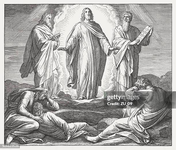 jesus transfiguration (luke 9, 29-32), wood engraving, published in 1860 - republic of karelia russia stock illustrations