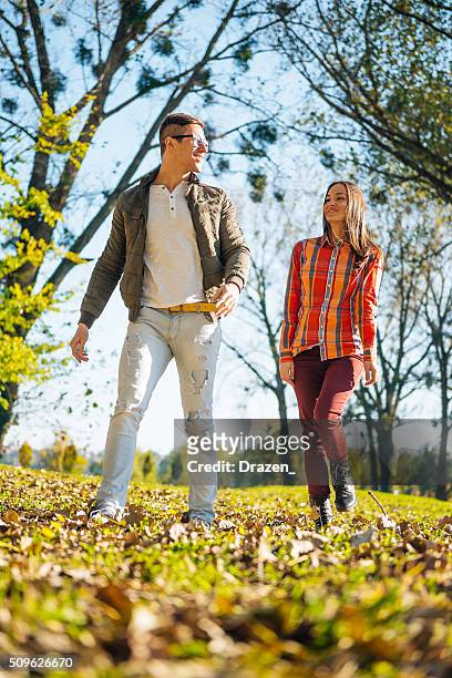 charming couple in casual clothing walking in park in autumn - novi sad stockfoto's en -beelden