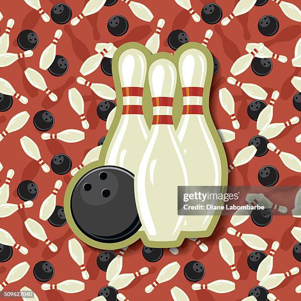 bowling icon sticker on a seamless pattern background - bowling alley background stock illustrations