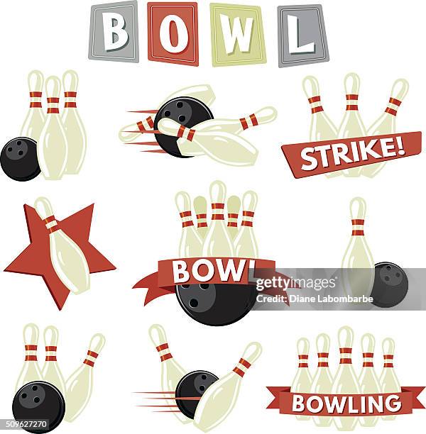 retro bowling icons set - retro bowling alley stock illustrations