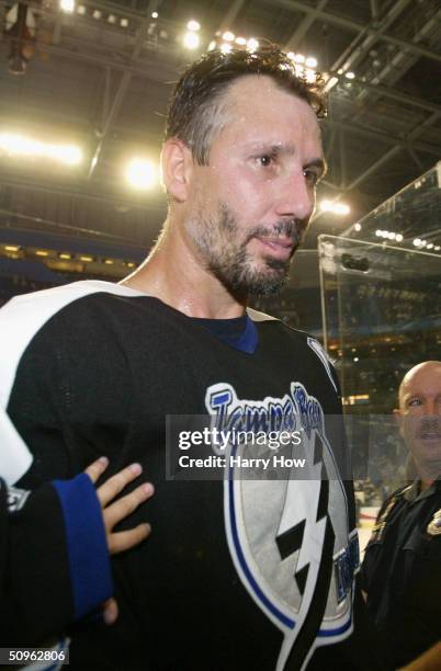 Portrait of left wing Dave Andreychuk of the Tampa Bay Lightning after he defeated the Philadelphia Flyers in Game seven of the NHL Eastern...