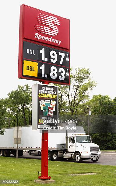 Tractor-trailer drives past displayed unleaded gasoline and diesel fuel prices at a Speedway gas station June 15, 2004 in Des Plaines, Illinois. In...