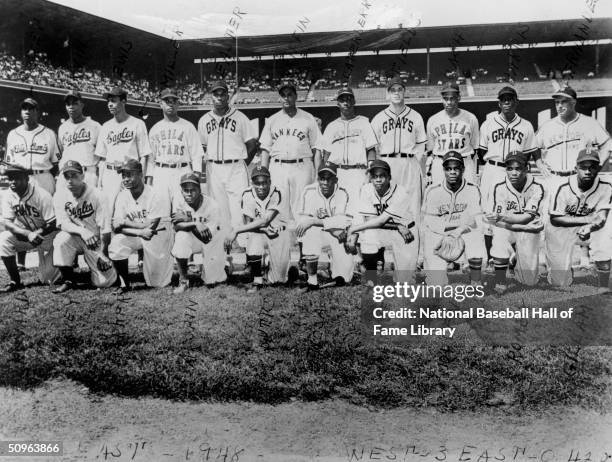 The Negro League East All-Stars pose for a team portrait prior to the 1948 East West Game. The West defeated the East 3-0. Pictured Front Row Buck...