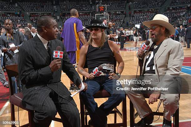 Ahmad Rashad interviews Kid Rock and Hank Williams Jr. For "Live at the Finals with Ahmad Rashad" prior to Game five of the 2004 NBA Finals between...