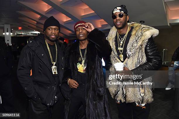 Rappers 2 Chainz, ASAP Rocky and 50 Cent attend Kanye West Yeezy Season 3 on February 11, 2016 in New York City.