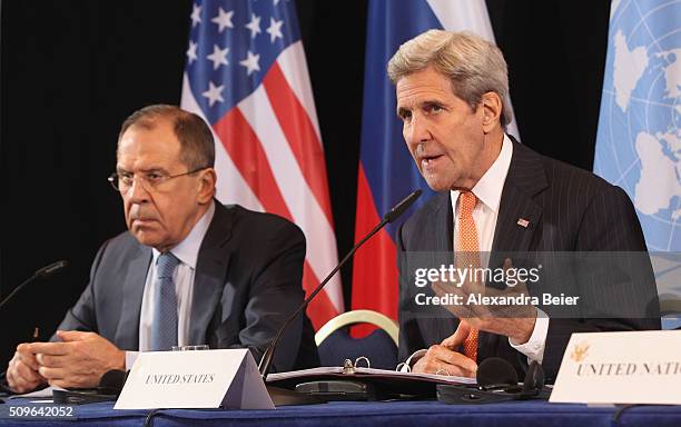 Russian Foreign Minister Sergey Lavrov and US Secretary of State John Kerry hold a press conference following a meeting of the International Syrian...