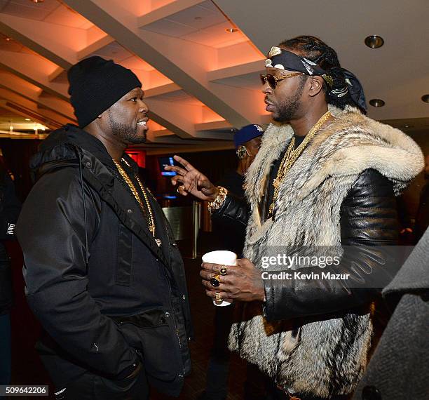 Chainz and 50 Cent attend Kanye West Yeezy Season 3 at Madison Square Garden on February 11, 2016 in New York City.