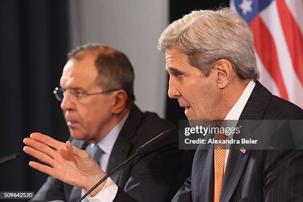 Russian Foreign Minister Sergey Lavrov, US Secretary of State John Kerry and UN special envoy on Syria Staffan de Mistura hold a press conference...