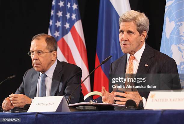 Russian Foreign Minister Sergey Lavrov and US Secretary of State John Kerry give a press conference following a meeting of the International Syrian...