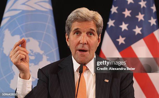 Secretary of State John Kerry speaks during a press conference following a meeting of the International Syrian Support Group on February 11, 2016 in...