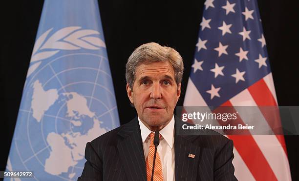 Secretary of State John Kerry speaks during a press conference following a meeting of the International Syrian Support Group on February 11, 2016 in...