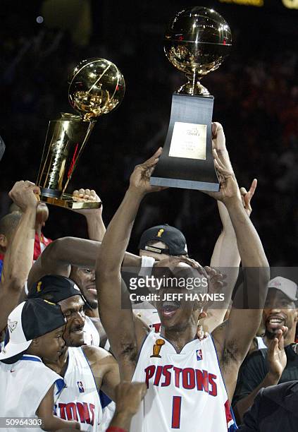 Chauncey Billups of the Detroit Pistons holds the MVP trophy after beating the Los Angeles Lakers in game five of the NBA Finals to win the...