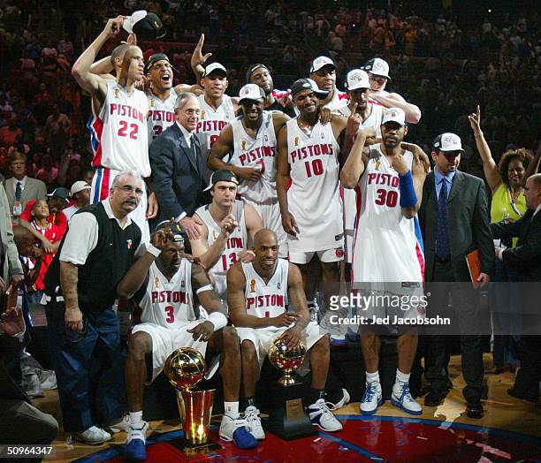 The Detroit Pistons pose for a team picture after defeating the Los Angeles Lakers in game five of the 2004 NBA Finals on June 15, 2004 at The Palace...