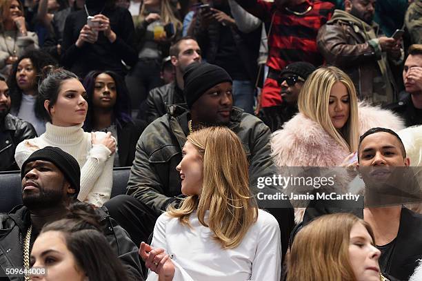 Kendall Jenner, Lamar Odom, Khloe Kardashian, 50 Cent, Karlie Kloss and Olivier Rousteing attend Kanye West Yeezy Season 3 on February 11, 2016 in...