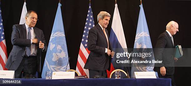 Russian Foreign Minister Sergey Lavrov, US Secretary of State John Kerry and UN special envoy on Syria Staffan de Mistura leave a press conference...