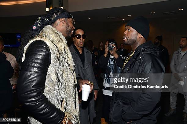 Rappers 2 Chainz and 50 Cent attend Kanye West Yeezy Season 3 on February 11, 2016 in New York City.