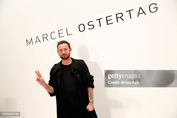 Designer Marcel Ostertag attends the Marcel Ostertag show- Backstage at The Gallery, Skylight at Clarkson Sq on February 11, 2016 in New York City.