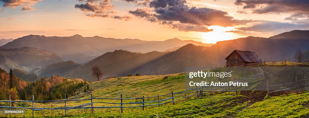 Panorama of a beautiful sunrise in the mountains