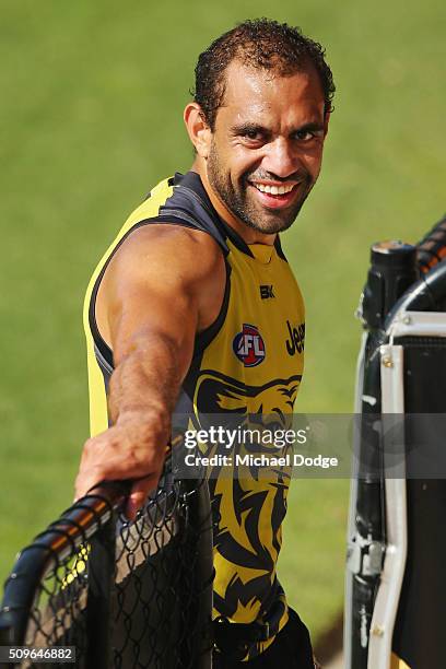 Chris Yarran of the Tigers reacts after finishing training before the Richmond Tigers AFL intra-club match at Punt Road Oval on February 12, 2016 in...