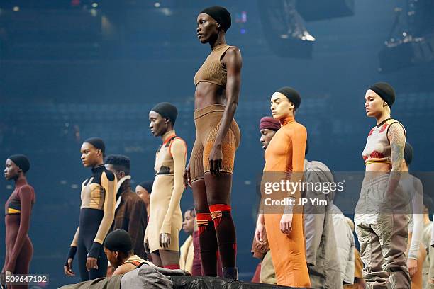 Models pose during Kanye West Yeezy Season 3 on February 11, 2016 in New York City.