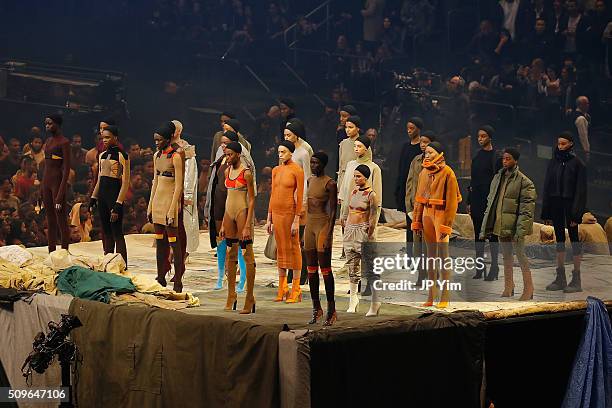 Models pose during Kanye West Yeezy Season 3 on February 11, 2016 in New York City.