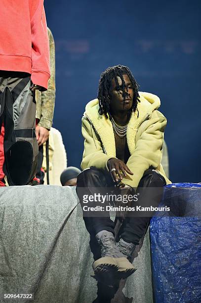 Rapper Young Thug poses during Kanye West Yeezy Season 3 on February 11, 2016 in New York City.