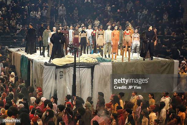 Models Liya Kebede, Naomi Campbell and Veronica Webb appear onstage during Kanye West Yeezy Season 3 on February 11, 2016 in New York City.