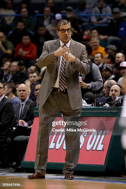 Head Coach Randy Wittman of the Washington Wizards call for a time out during the first quarter against the Milwaukee Bucks at BMO Harris Bradley...