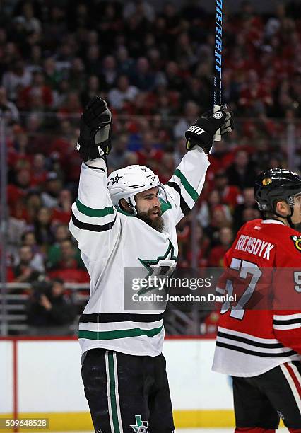 Patrick Eaves of the Dallas Stars celebrates his first goal of the game in the first period against the Chicago Blackhawks at the United Center on...