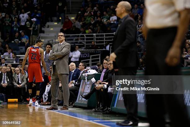 Head Coach Randy Wittman of the Washington Wizards watches the game from the sidelines during the second quarter against the Milwaukee Bucks at BMO...