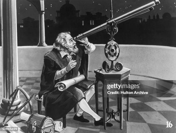 Italian astronomer and physicist, Galileo Galilei using a telescope, circa 1620.
