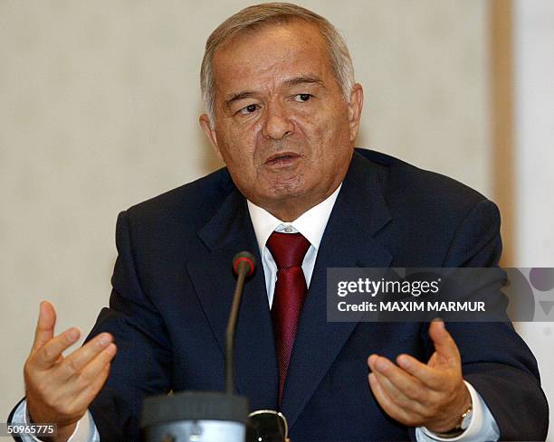 Uzbek President Islam Karimov speaks to the media at the Presidential Residence in Tashkent 16 June 2004. Putin and Karimov wll be joined 17 June by...
