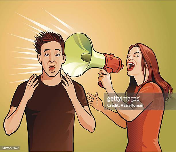 young woman yelling through loud speaker - couple argue stock illustrations