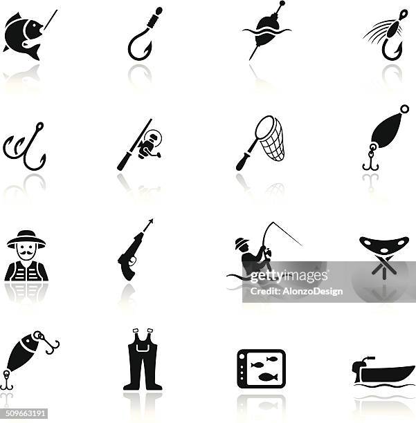 fishing icon set - fishing reel stock illustrations