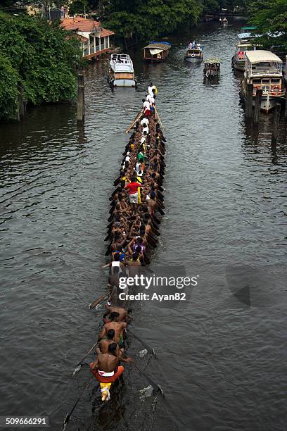 aerial view of a snake boat - kerala snake boat stock pictures, royalty-free photos & images